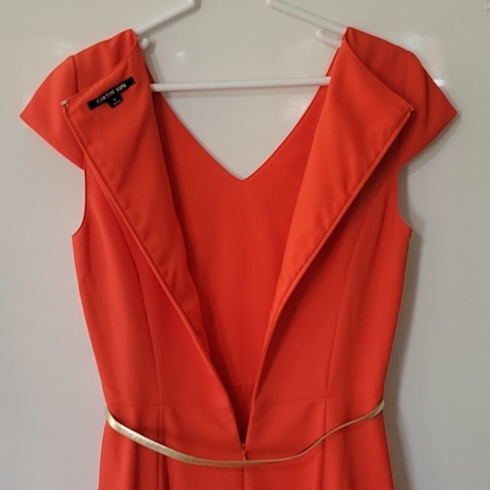 Gianni Bini Orange Fit & Flare Dress Gold Belt Cap Sleeve Size 6 - Picture 12 of 16